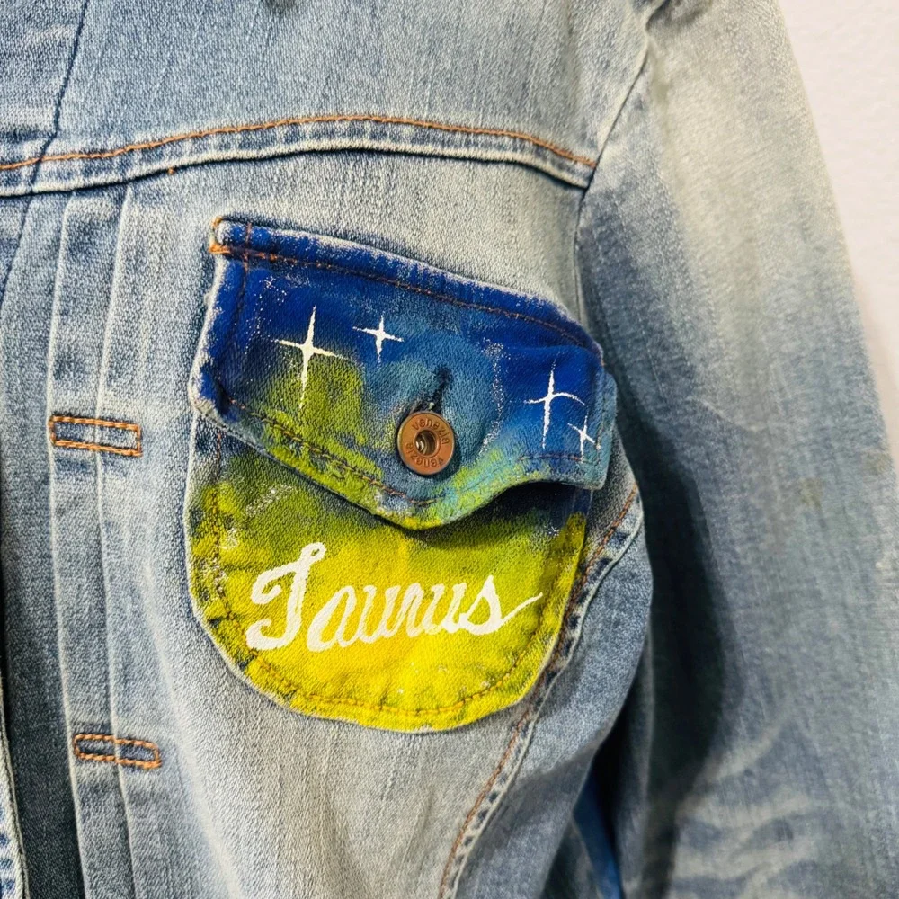 Upcycled Venezia Denim Jacket Hand Painted Taurus‎ Sun Moon Celestial Art 18-20